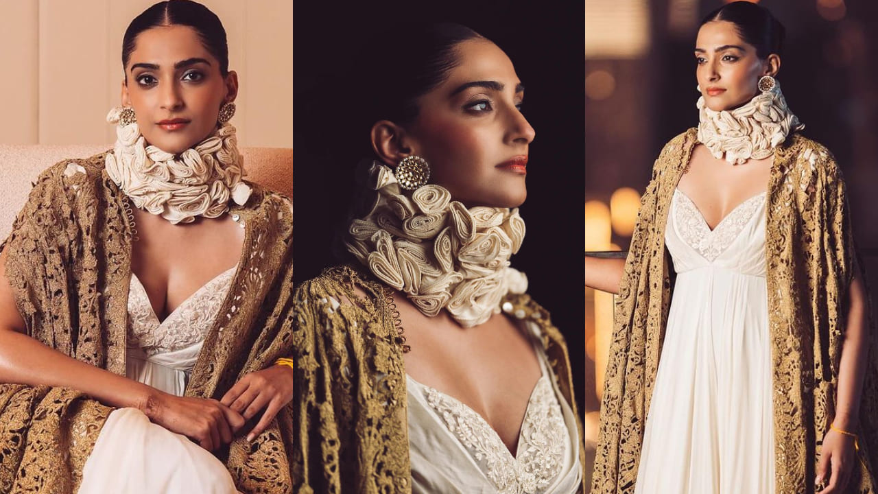 Sonam Kapoor in white gown and brown shrug 