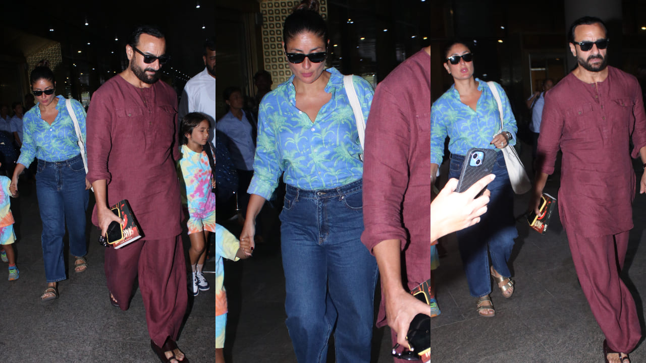 Kareena brings a tropical touch to airport style with breezy blue shirt and denim jeans