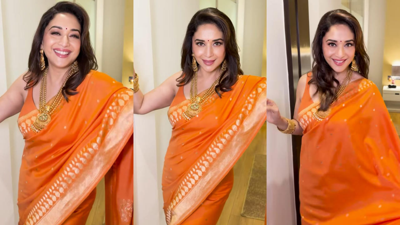 Madhuri Dixit shared pictures dressed in bright orange saree and it’s both vibrant and festive 