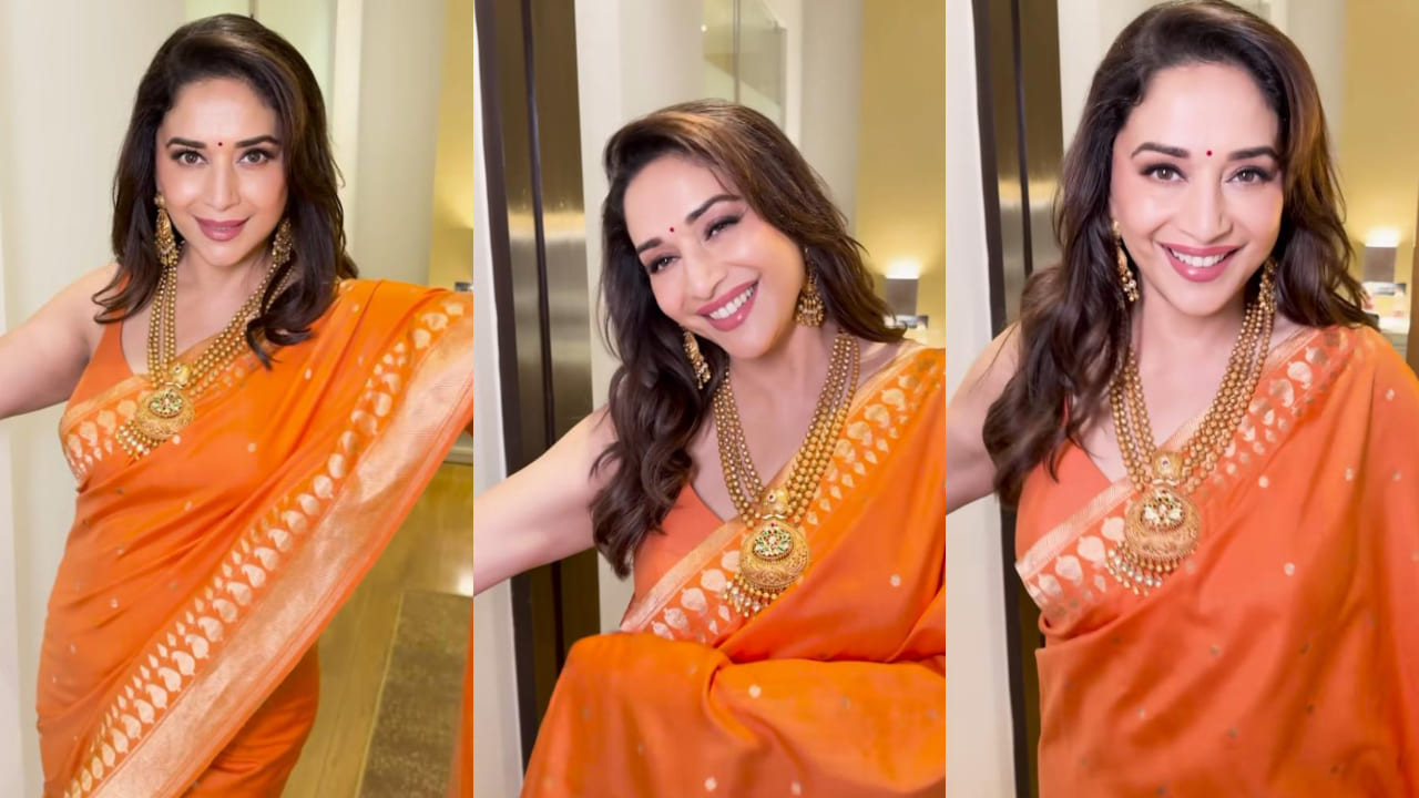 Madhuri Dixit shared pictures dressed in bright orange saree and it’s both vibrant and festive 