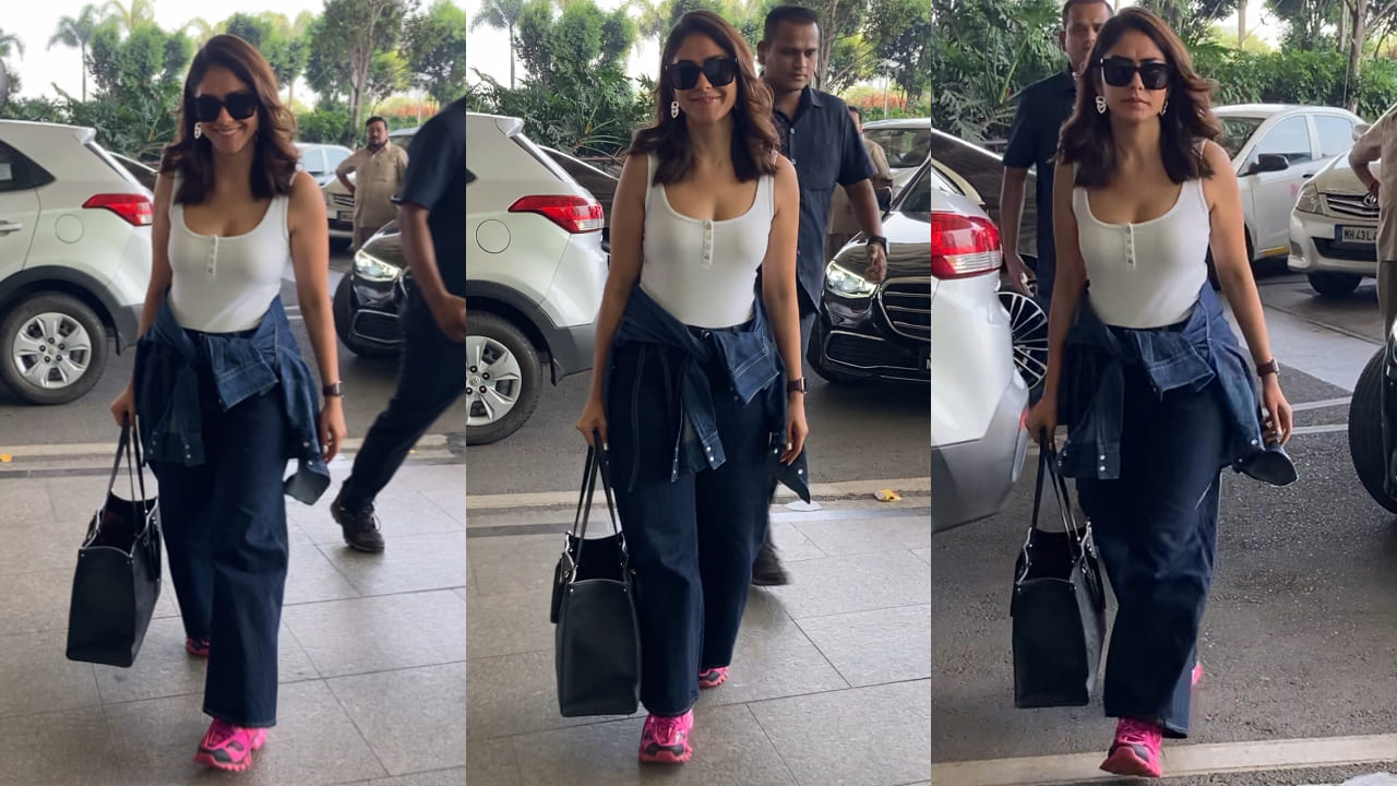 Mrunal’s airport look in tank top, wide-leg pants & Rs 3L LV bag gets a streetwear twist