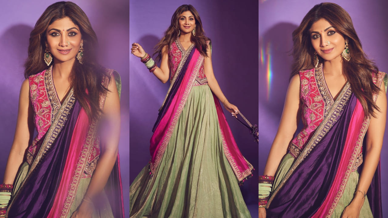 Shilpa Shetty in green lehenga and waistcoat