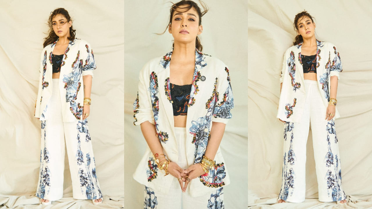 Nayanthara in white abstract print co-ord set