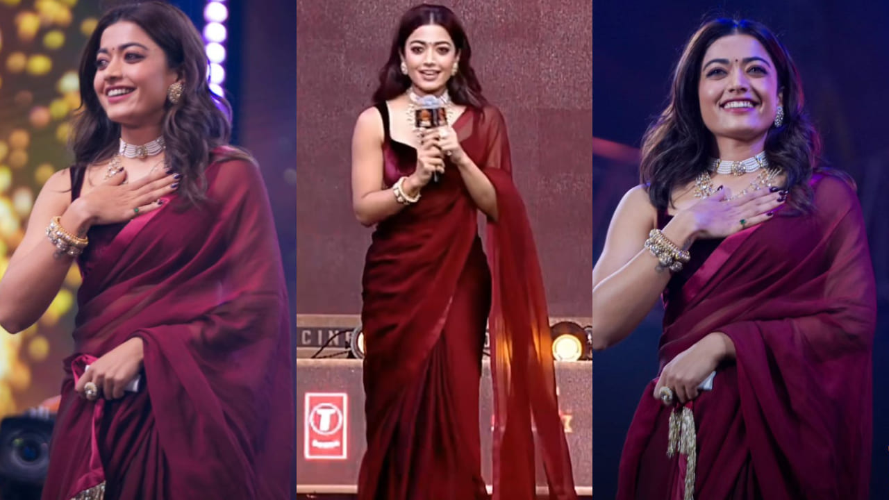 Rashmika Mandanna in burgundy saree at Pushpa 2 trailer launch 