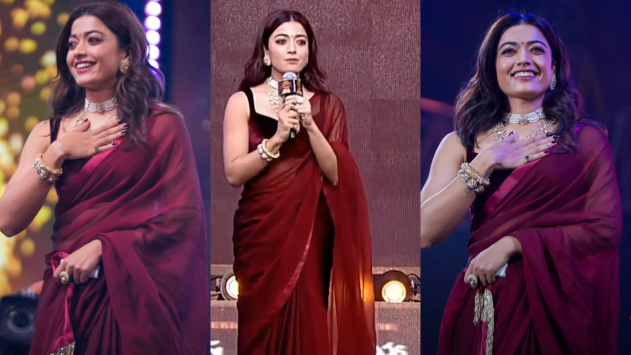 Rashmika Mandanna in burgundy saree at Pushpa 2 trailer launch 