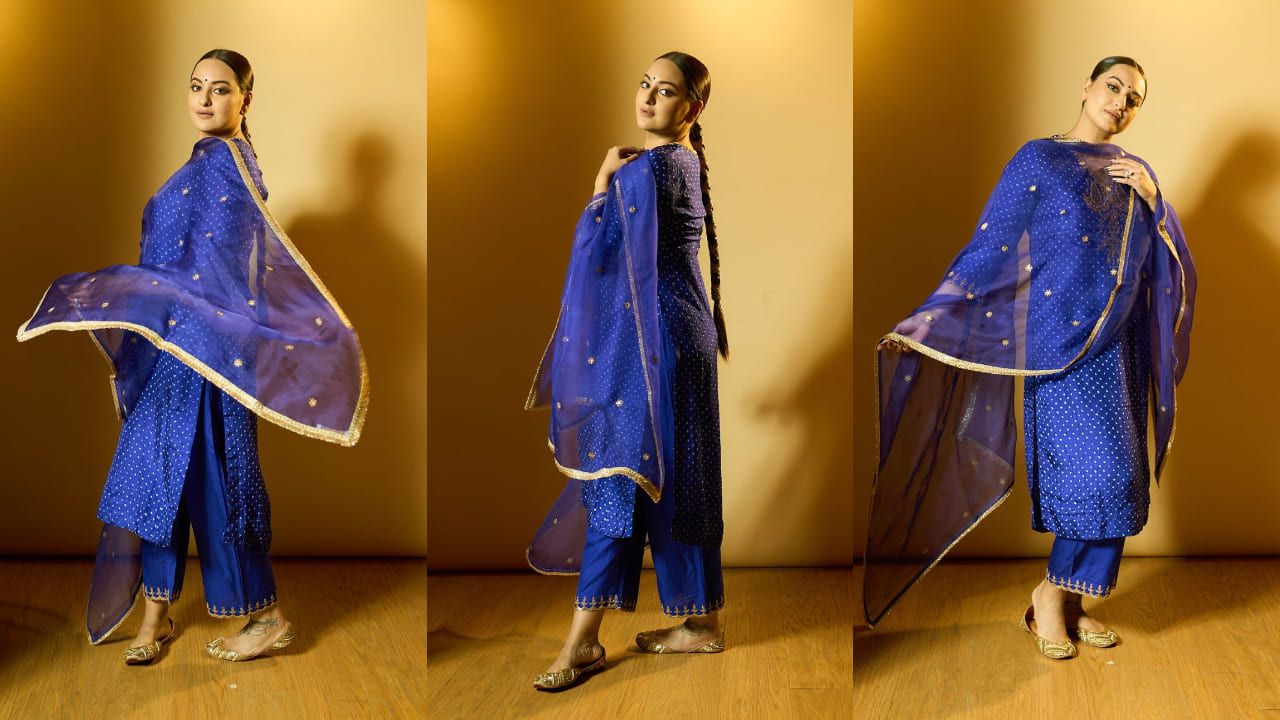 Sonakshi Sinha wears royal blue bandhani kurta and pant set worth Rs 59,900 and it can be perfect Mehendi ceremony look