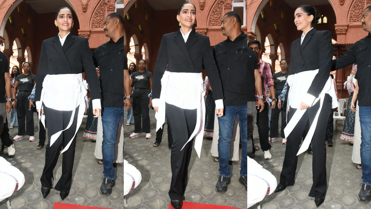 Sonam Kapoor made a striking impression in a white shirt paired with a black blazer 