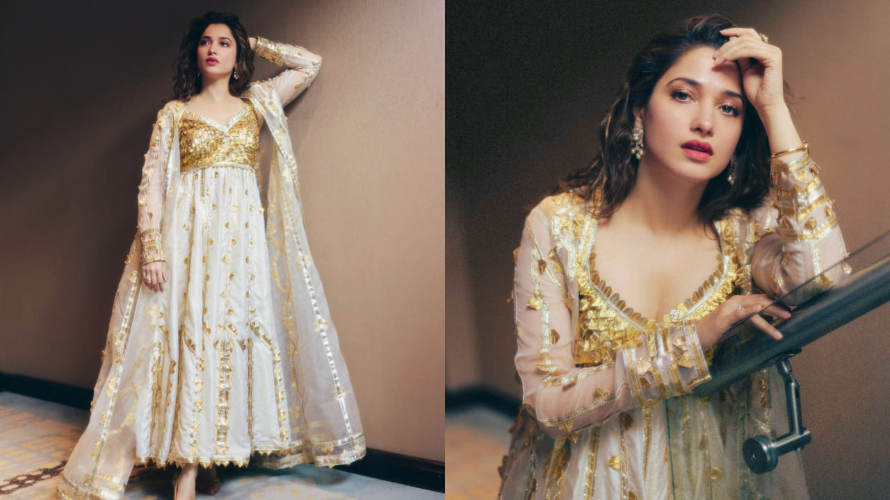 Tamannaah Bhatia in ivory and gold anarkali