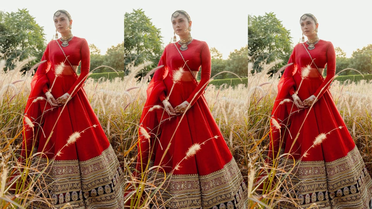 Aditi Rao Hydari wears Sabyasachi red lehenga drenched in heavily embellished jewelry for her second wedding with Siddharth