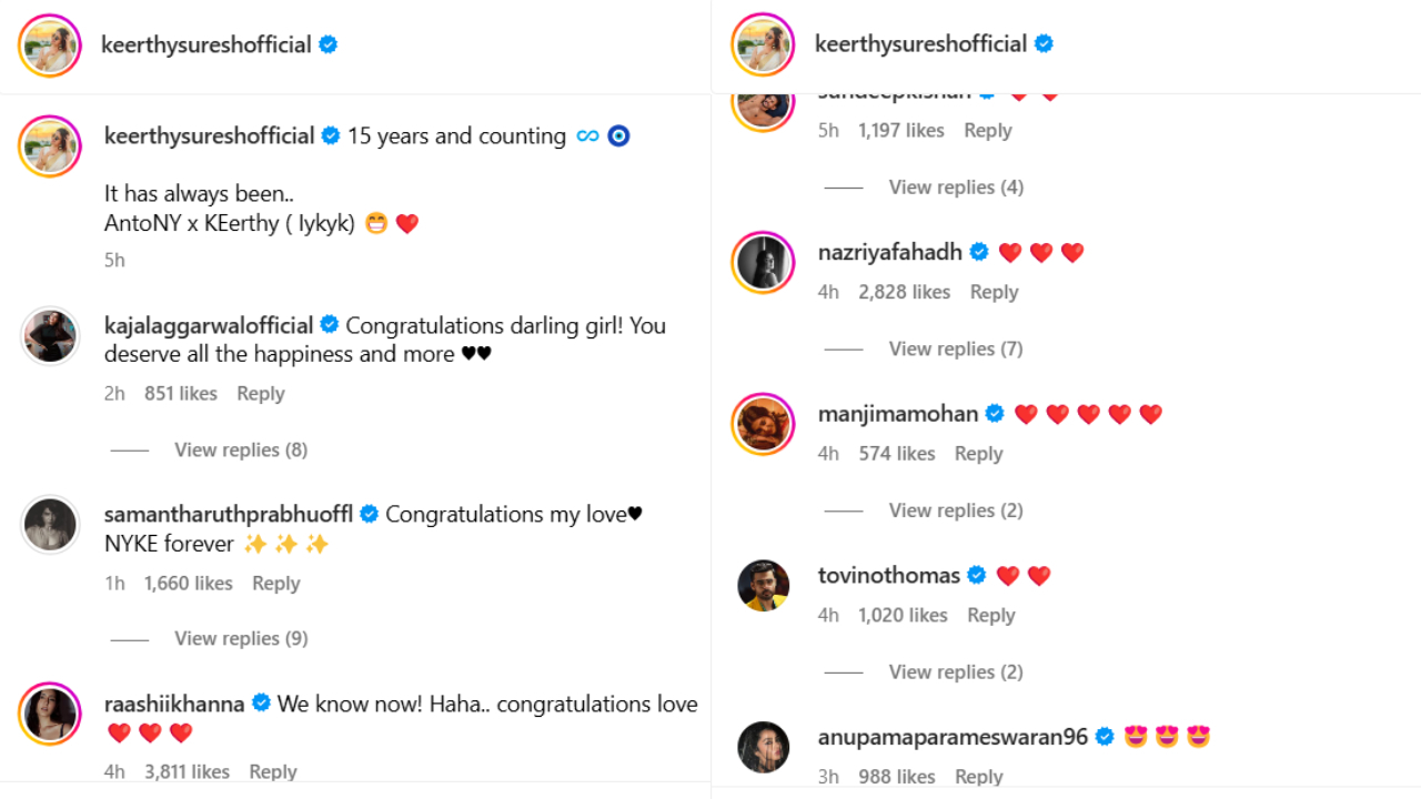 Keerthy Suresh confirms relationship with beau Antony Thattil; Samantha, Trisha, Tovino Thomas and others comment