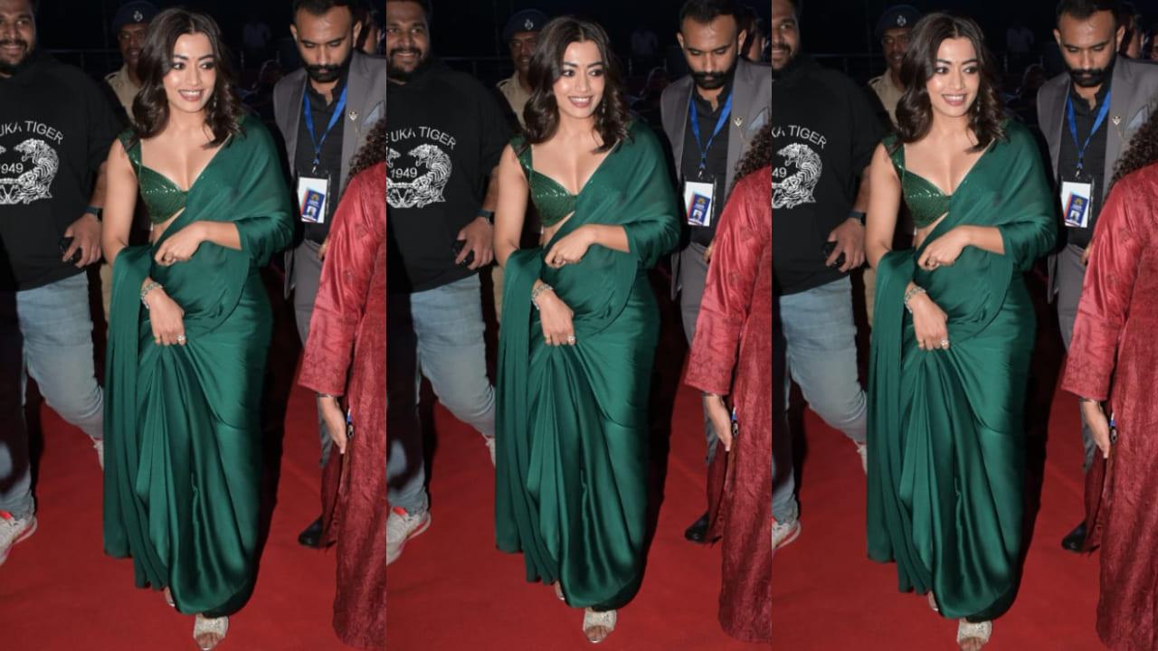 Rashmika Mandanna's bewitching look in Amit Aggarwal's custom emerald green saree and blouse is an unmissable fashion statement