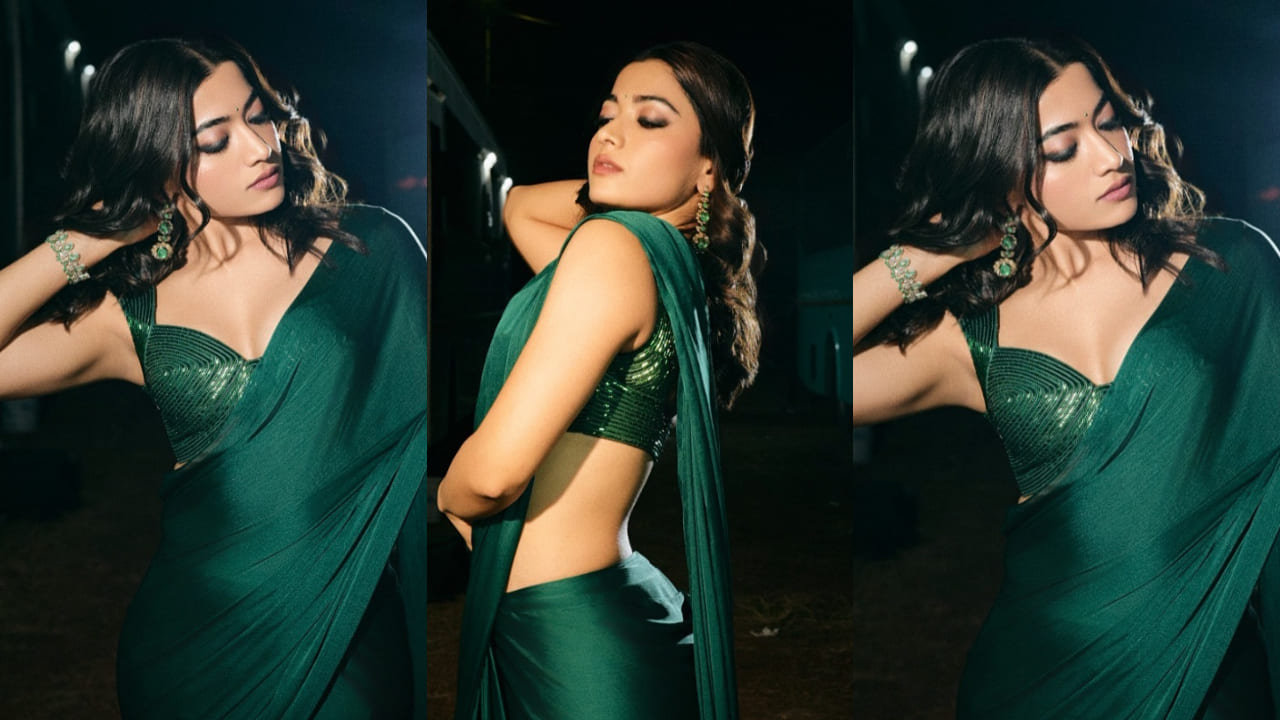 Rashmika Mandanna's bewitching look in Amit Aggarwal's custom emerald green saree and blouse is an unmissable fashion statement