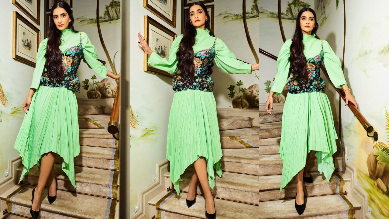 Sonam Kapoor served another statement look in a green pleated dress with a floral corset