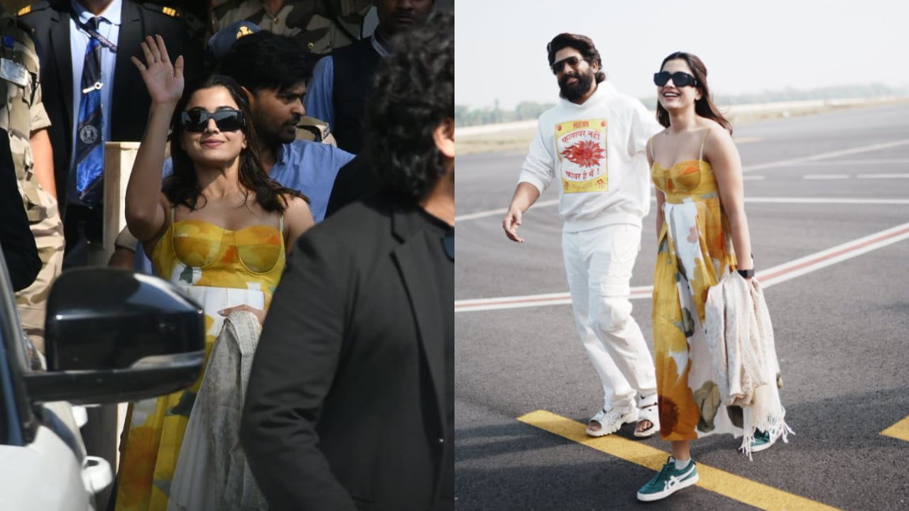 Rashmika Mandanna stuns in a yellow marigold dress as she lands in Mumbai to promote Pushpa 2 (P.C. - Viral Bhayani)