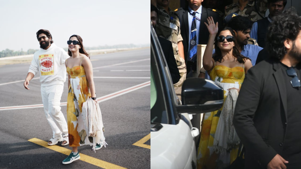 Rashmika Mandanna stuns in a yellow marigold dress as she lands in Mumbai to promote Pushpa 2 (P.C. - Viral Bhayani)