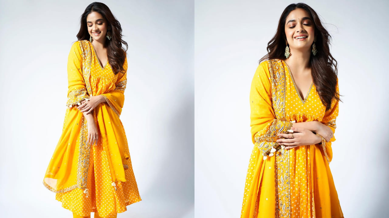 Keerthy Suresh in yellow suit 