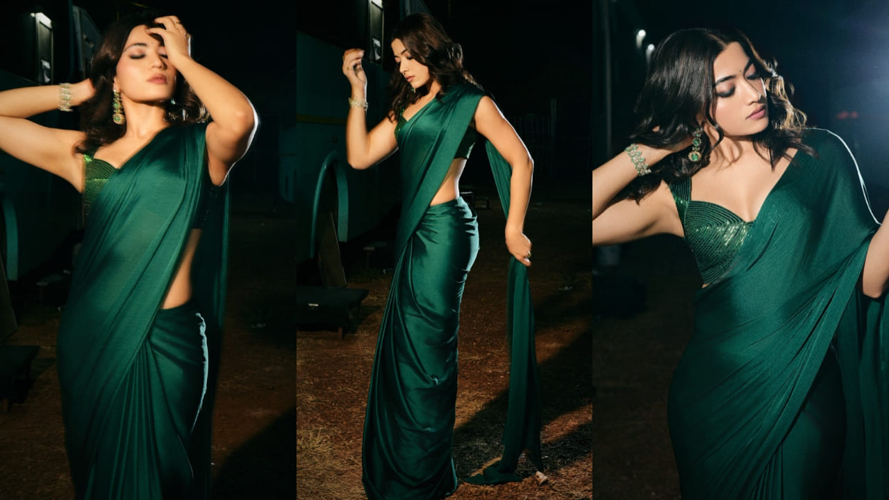 Rashmika Mandanna in emerald green saree