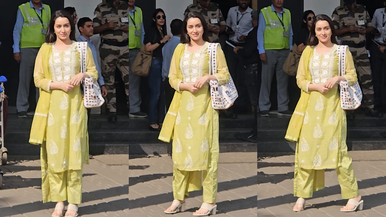 Shraddha Kapoor in yellow chikankari suit at airport 