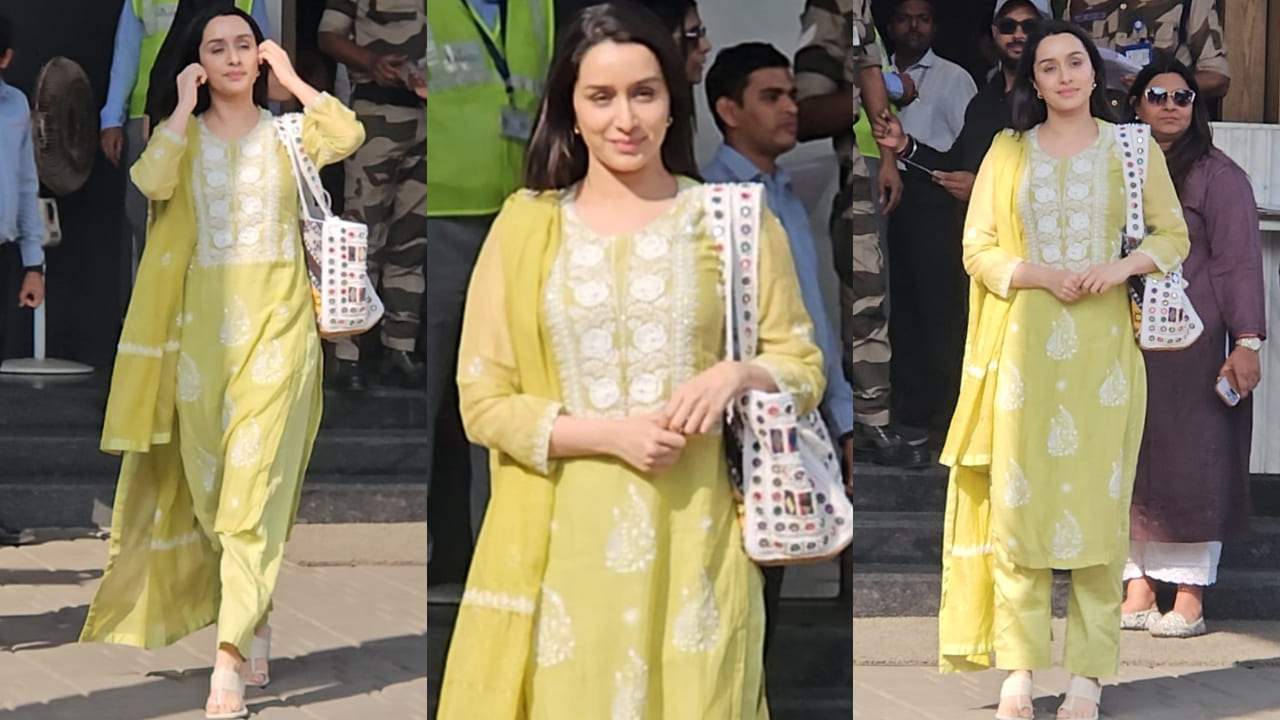 Shraddha Kapoor in yellow chikankari suit at airport 