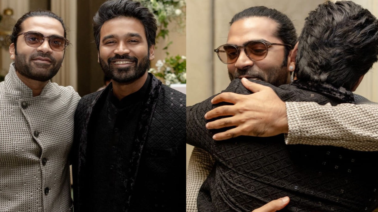 PICS: Dhanush and Silambarasan TR share a hug in a rare moment at a producer’s wedding