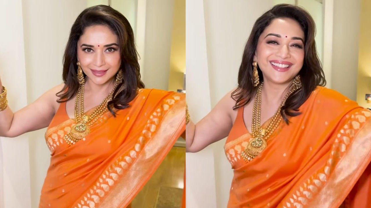 Madhuri Dixit shared pictures dressed in bright orange saree and it’s both vibrant and festive 