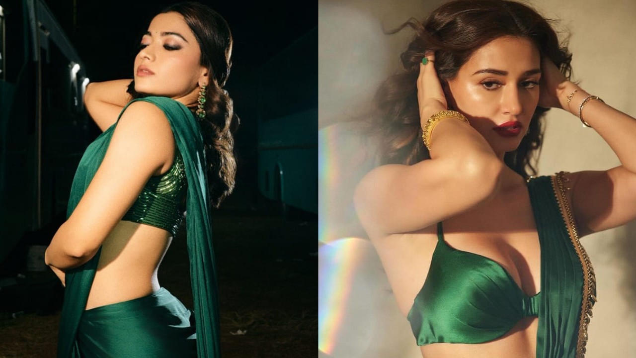 Rashmika Mandanna & Disha Patani in similar emerald green sarees 