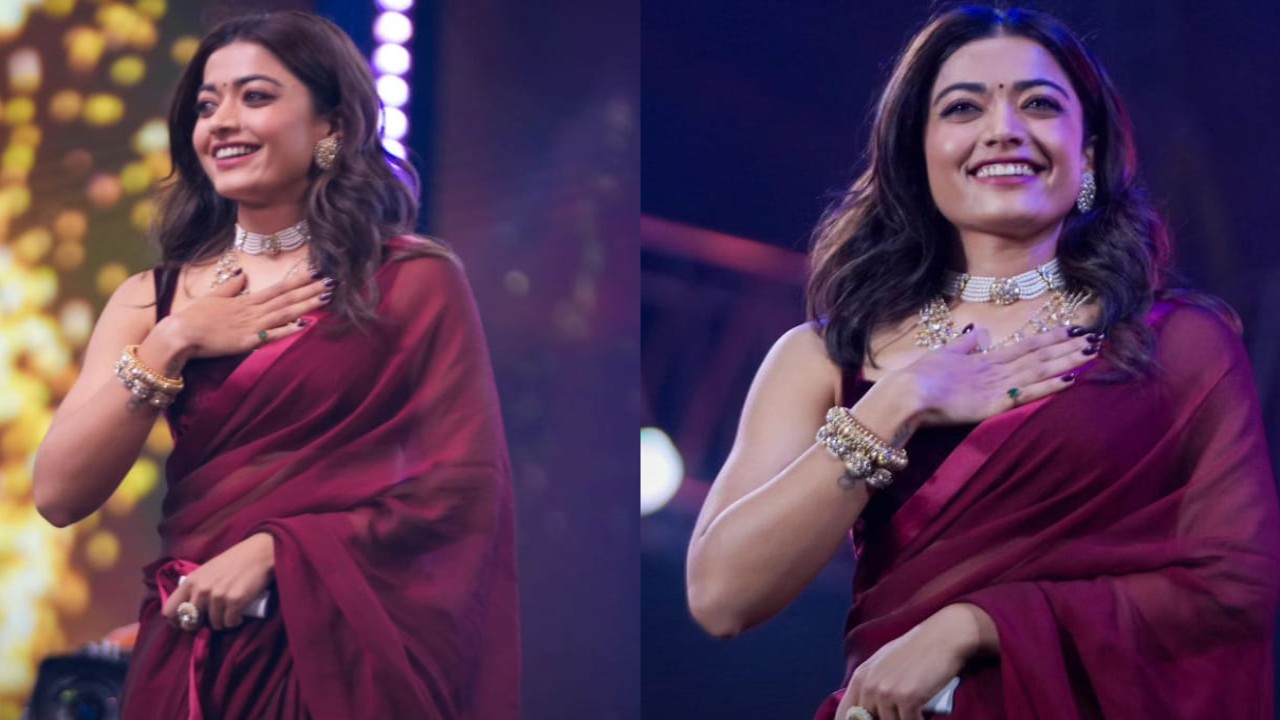 Rashmika Mandanna in burgundy saree at Pushpa 2 trailer launch 