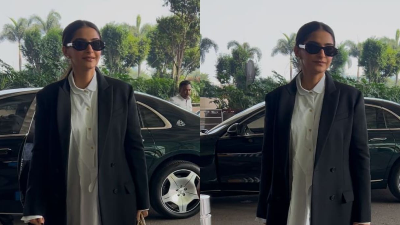 Sonam’s airport look in poplin shirt dress & DIOR accessories