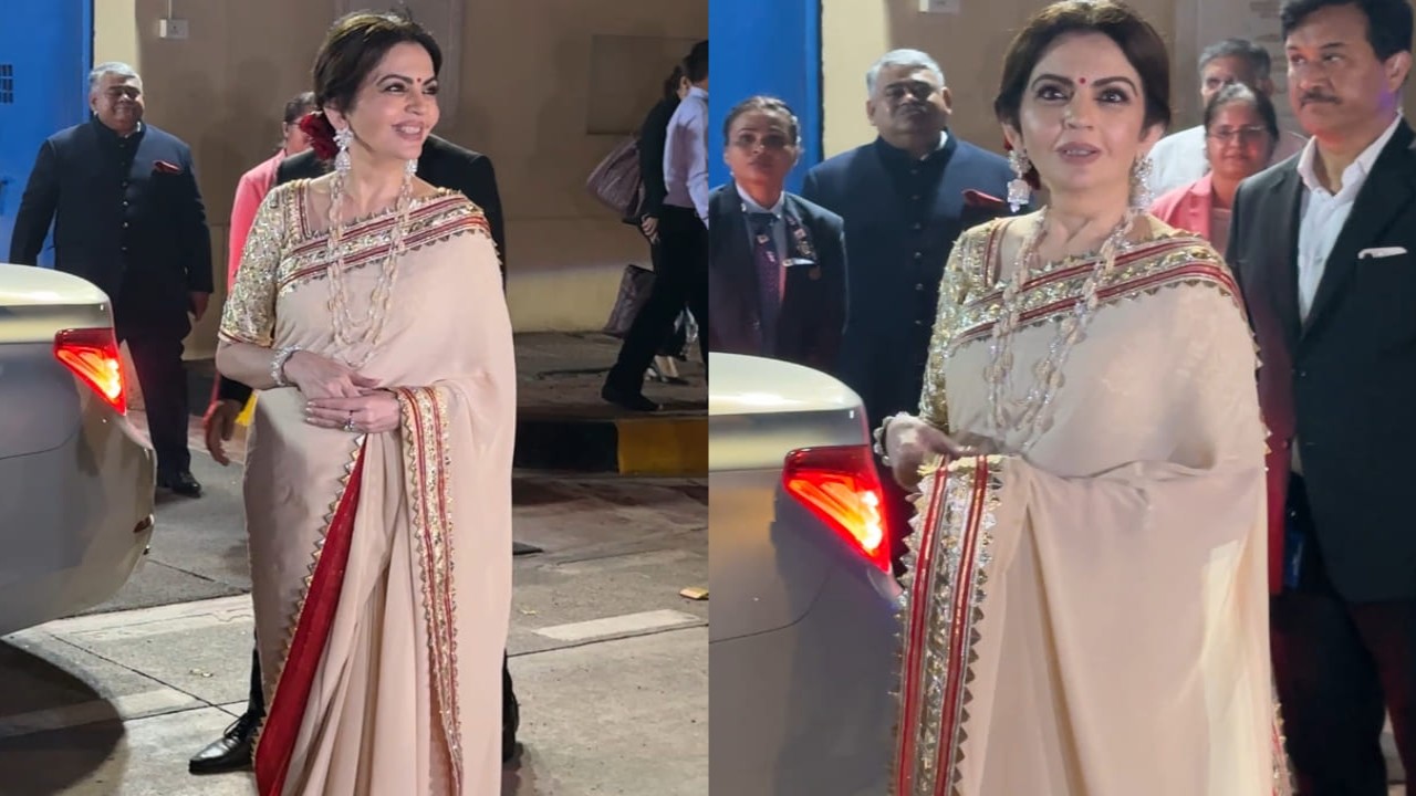 Nita Ambani was spotted at Dhirubhai Ambani International School's annual day dressed in cream and red saree