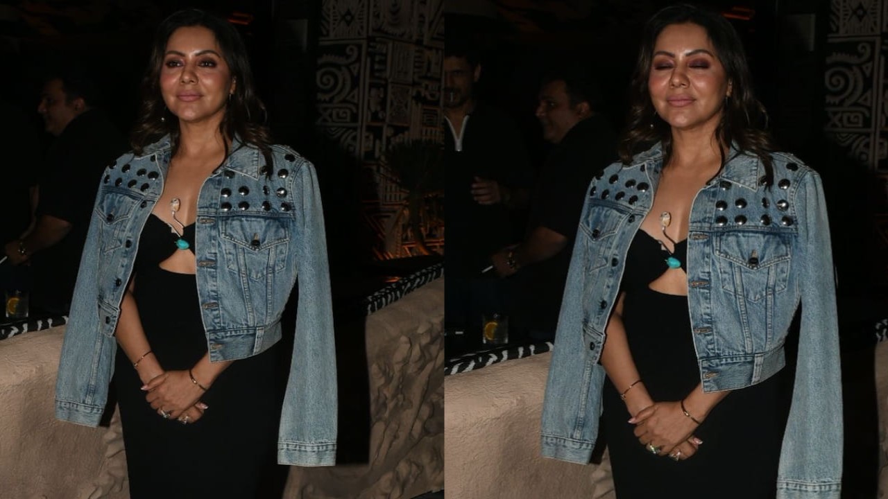 Gauri Khan in black gown and denim jacket 