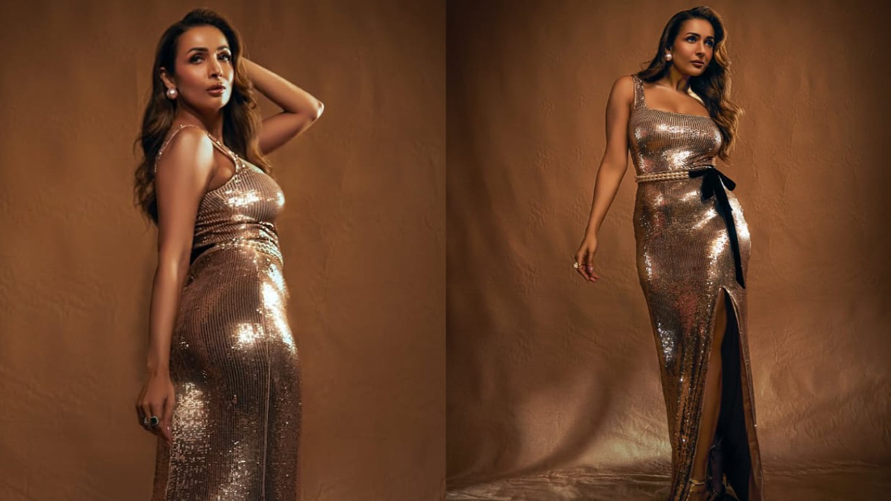  Malaika Arora served a glam look this season in a shimmering rose gold sequin gown, which is perfect for cocktail parties. 