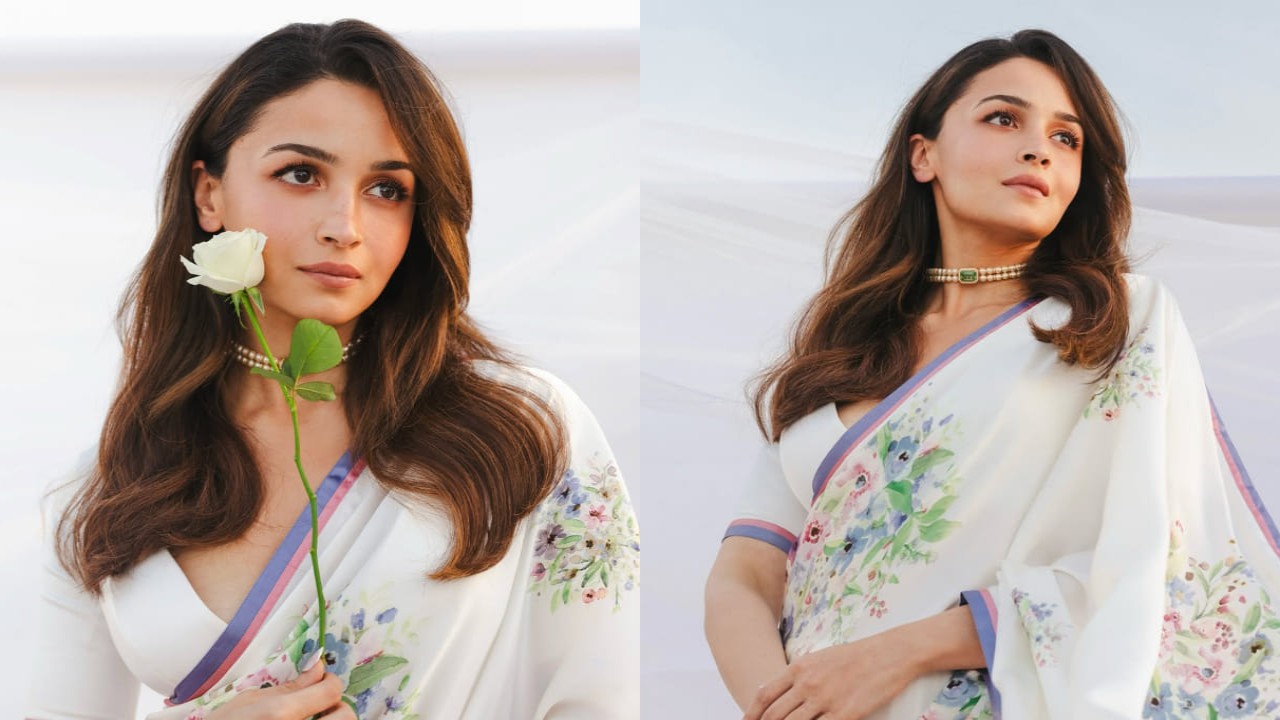 Alia Bhatt is all things elegant in a white floral-print saree & pearl choker necklace