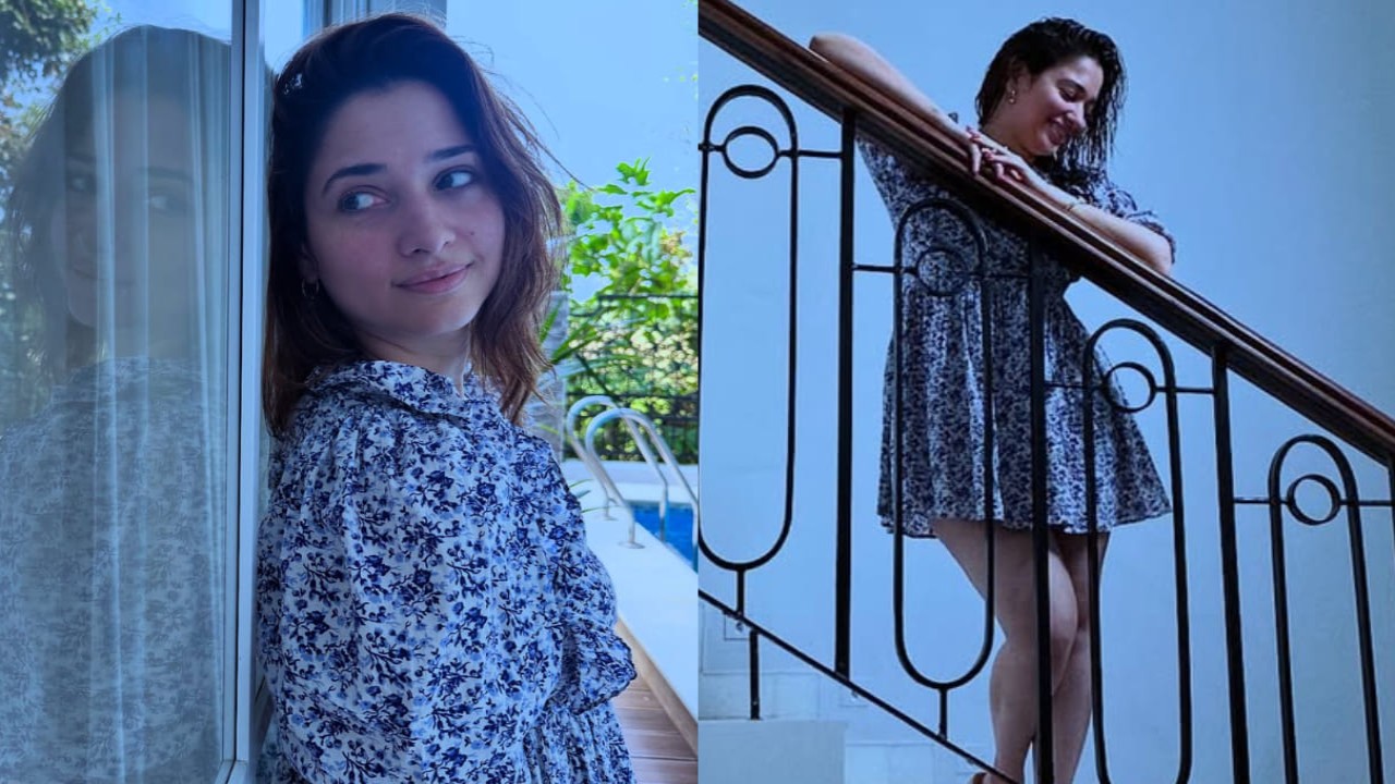 Tamannaah Bhatia shares a delightful collection of photos in a blue floral dress that perfectly captures the holiday spirit.