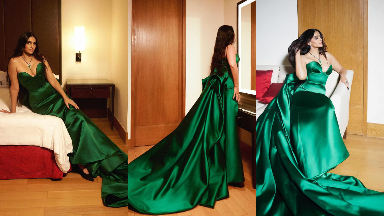 Sonam Kapoor’s jaw-dropping appearance in green Miss Sohee gown is very Aisha-coded; cross necklace and accessories steal the spotlight