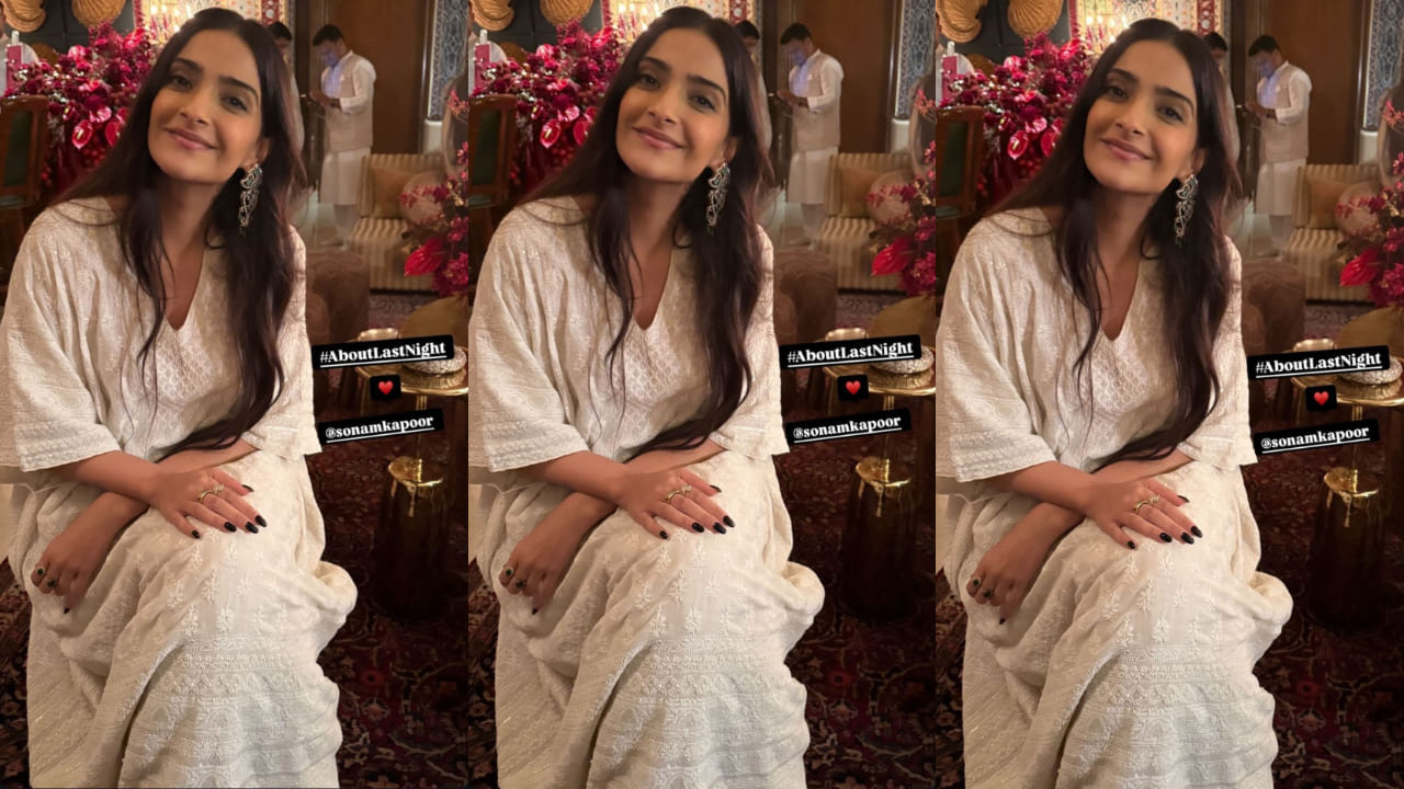 Sonam Kapoor reimagines party fashion in a white chikankari suit, blending elegance with modern ethnic charm