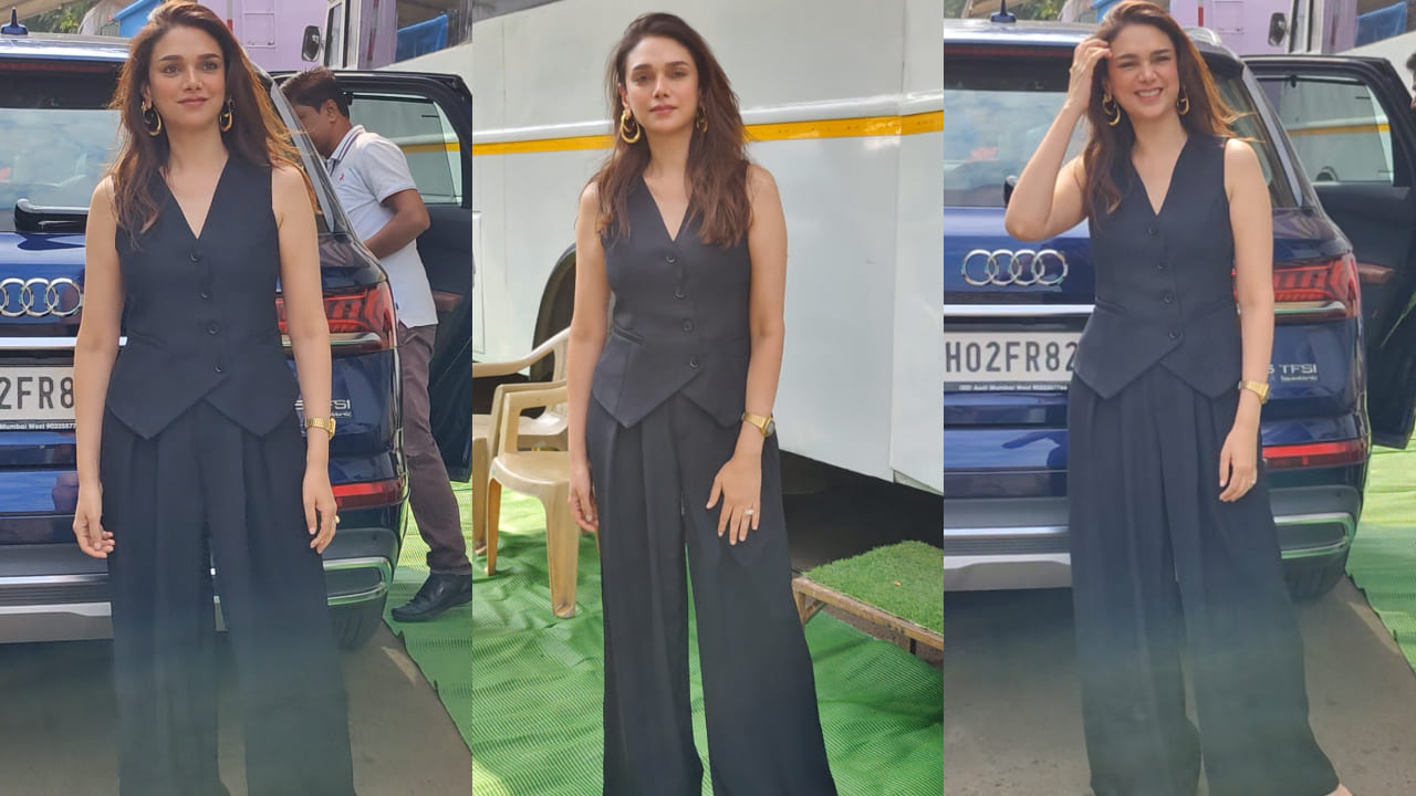 Aditi Rao Hydari in black waist coat and wide leg pants