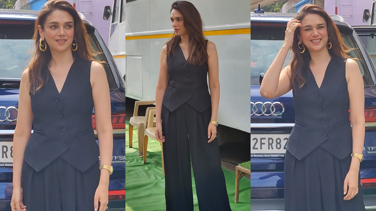 Aditi Rao Hydari in black waist coat and wide leg pants