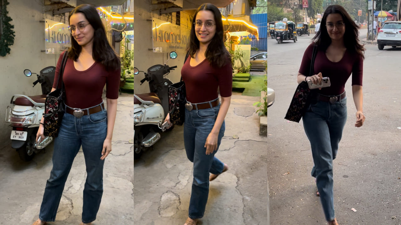 Shraddha Kapoor in maroon top and denim jeans