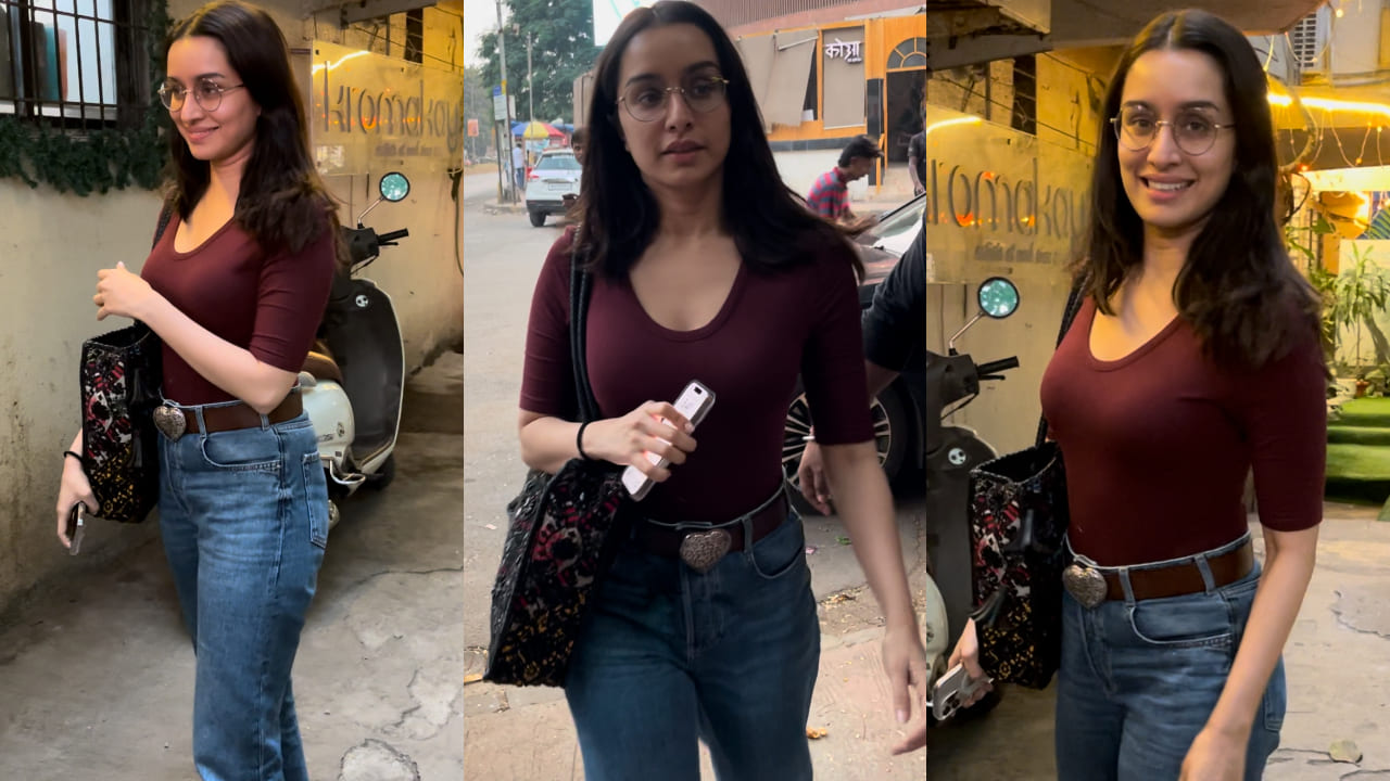 Shraddha Kapoor in maroon top and denim jeans