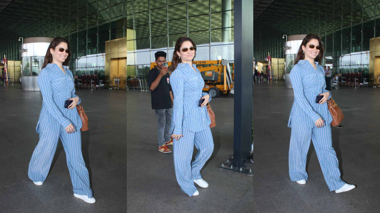 Tamannaah Bhatia’s latest airport look in blue and white co-ord set is the perfect take on effortless fashion