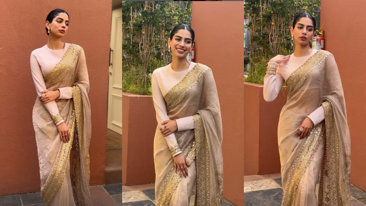 Khushi Kapoor in Gaja Kavya saree for best friend’s wedding is ready to take up bridesmaid duties with a dash of glam