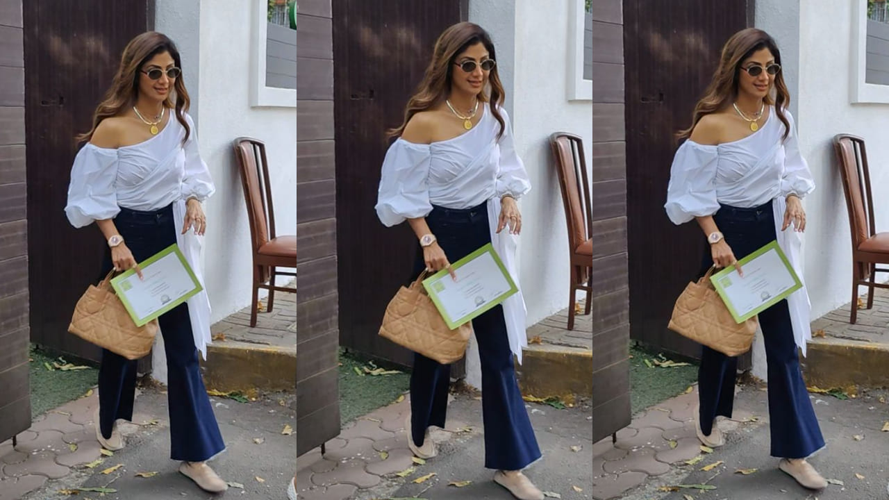 Shilpa Shetty in a white & blue combination outfit, 90s special sunglasses and DIOR bag is all things Gen Z