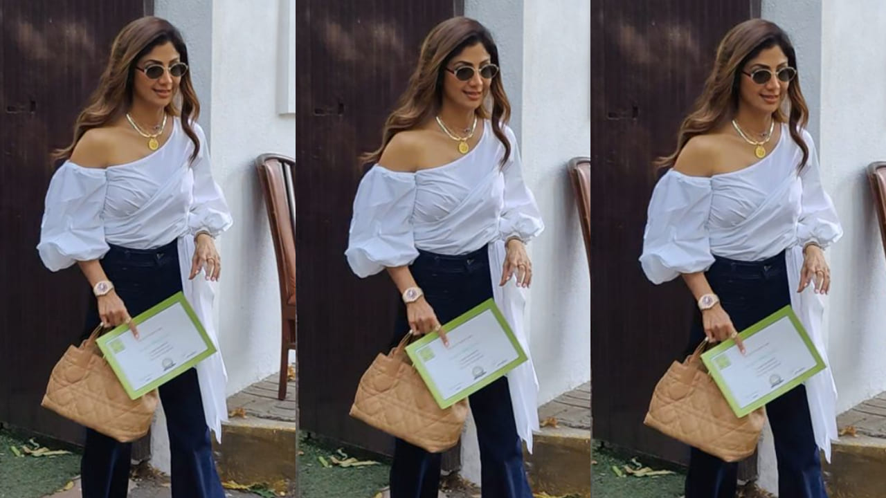 Shilpa Shetty in a white & blue combination outfit, 90s special sunglasses and DIOR bag is all things Gen Z