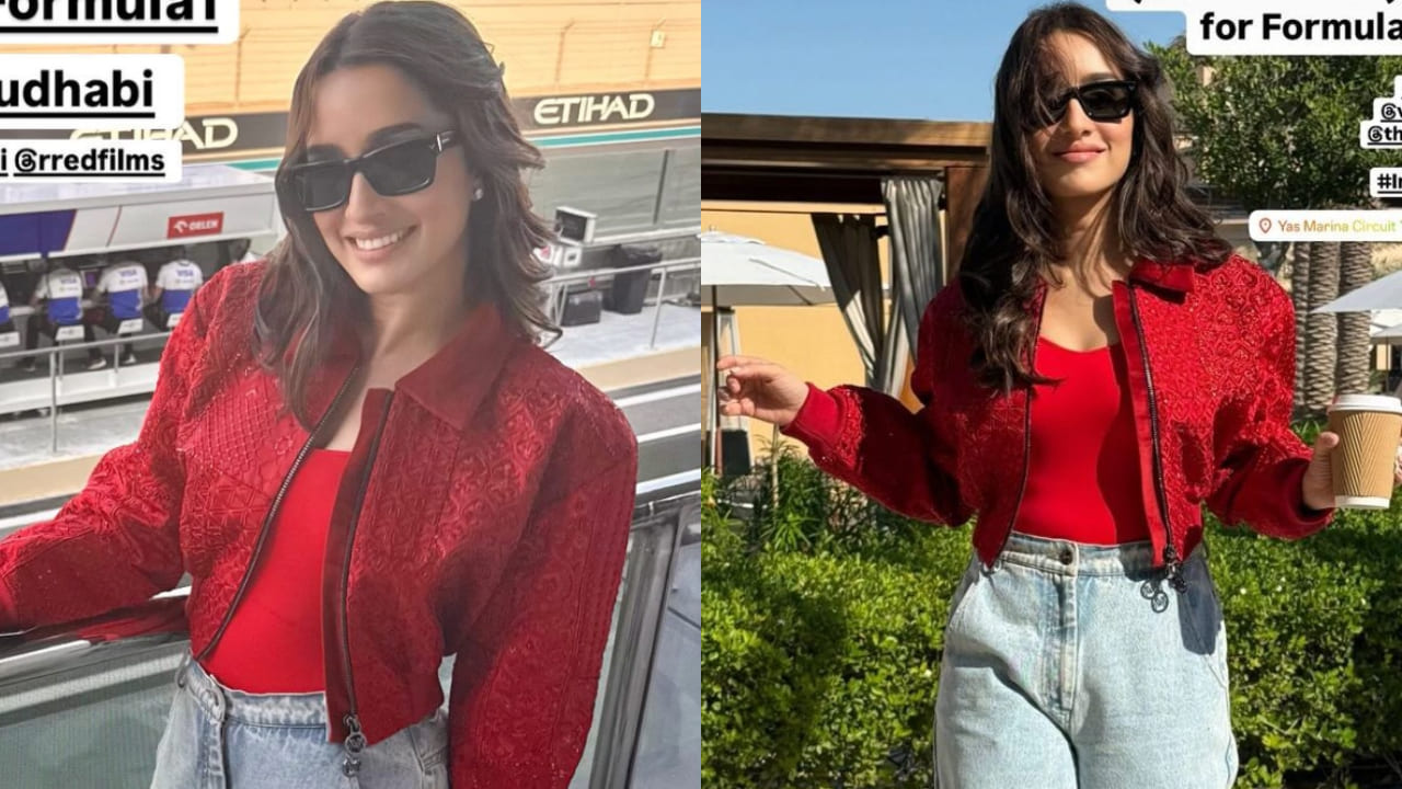  Shraddha Kapoor paints Dubai red in cropped jacket paired with wide-leg denim jeans 