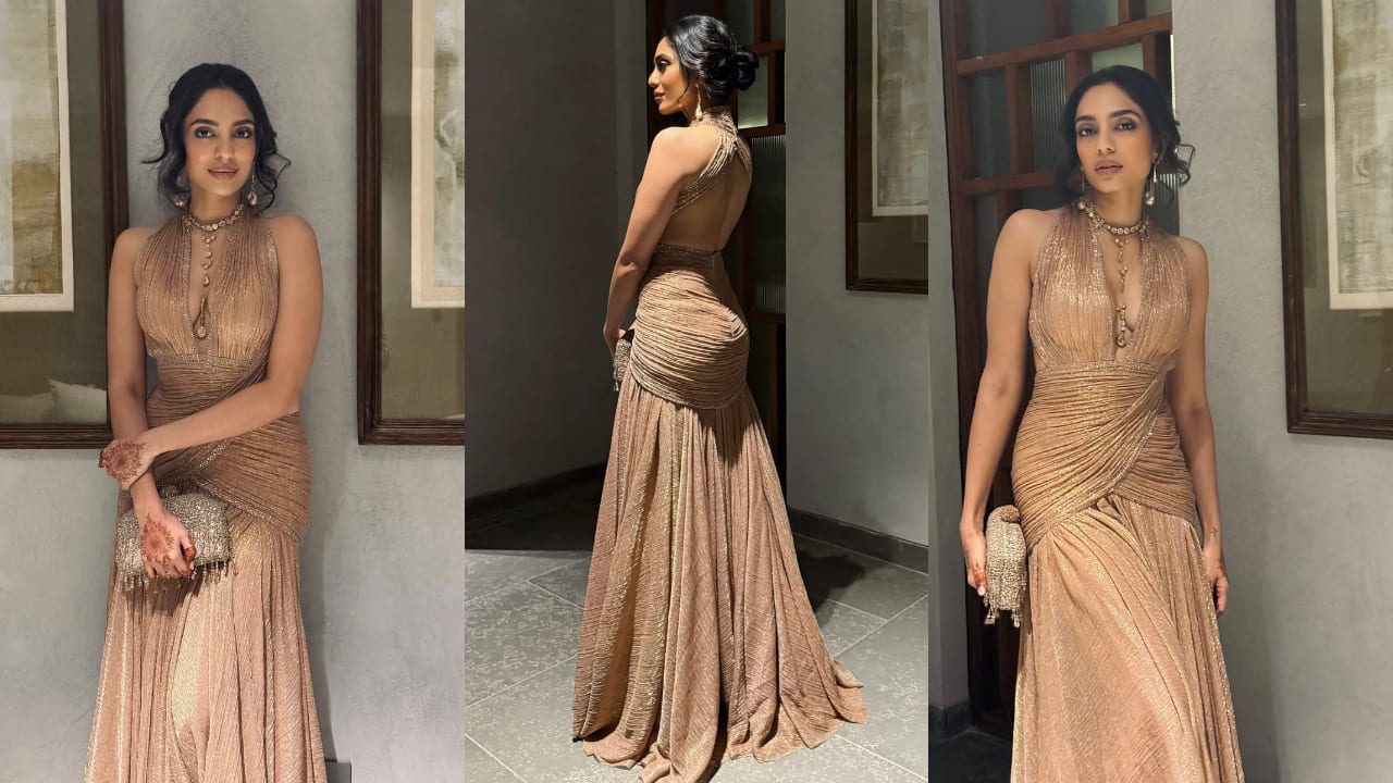 Sobhita Dhulipala oozes glam in a Rs 1 lakh Tarun Tahiliani draped gown at her post-wedding cocktail event