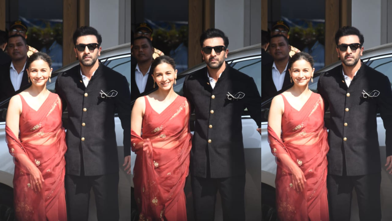 Alia Bhatt stuns in basic saree with embroidered elements, which looks minimal and elegant as she poses at airport with Ranbir Kapoor