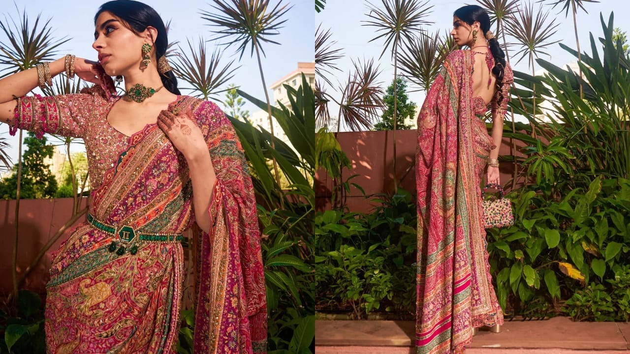 Khushi Kapoor with Vedang Raina at mehendi ceremony looks gorgeous in Tarun Tahiliani’s multi-color saree—why settle for less when you can have all