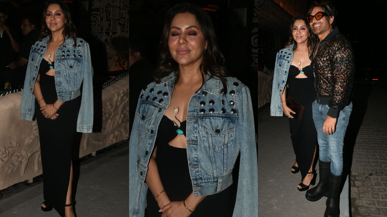 Gauri Khan in black gown and denim jacket 