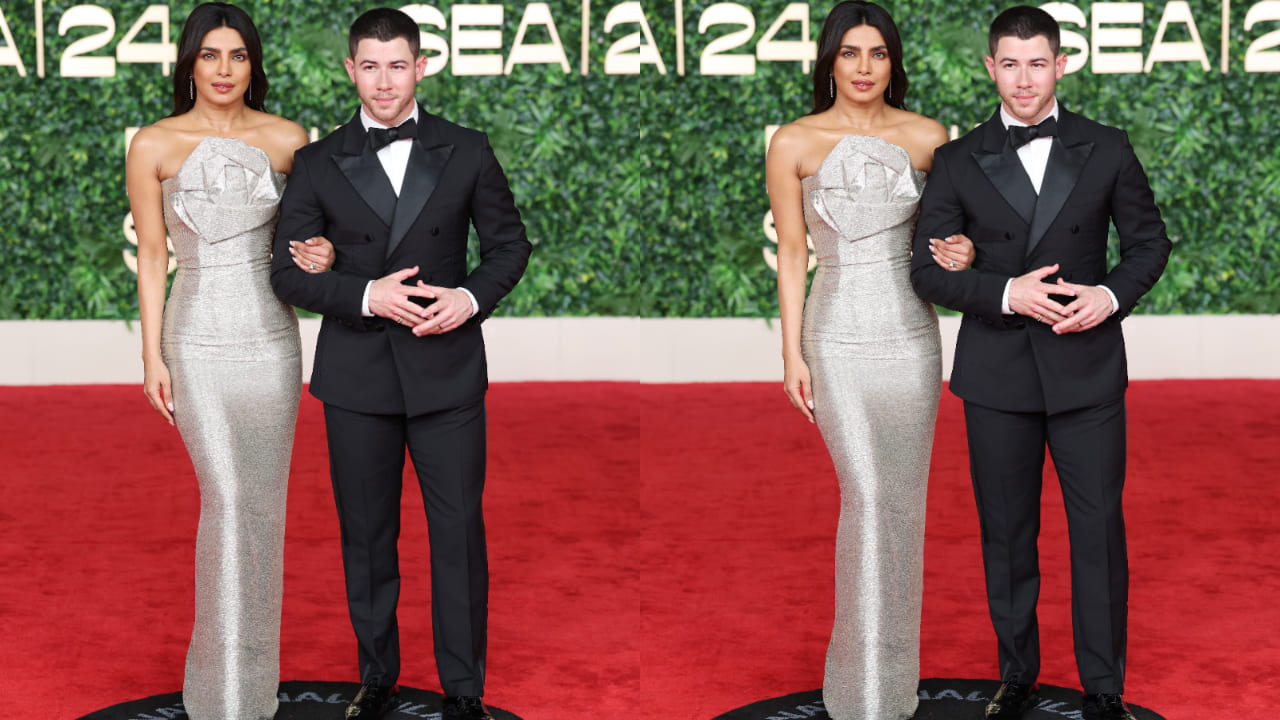 Priyanka Chopra takes center stage in reflective bugle bead origami rose motif gown at RSFF closing ceremony with Nick Jonas