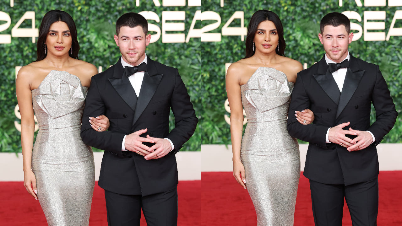 Priyanka Chopra takes center stage in reflective bugle bead origami rose motif gown at RSFF closing ceremony with Nick Jonas